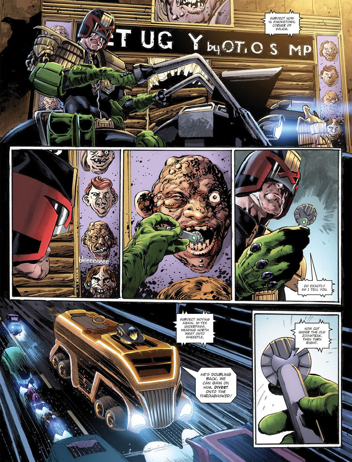 2000AD #2468 p.03 - Lawmaster in Smoketown!