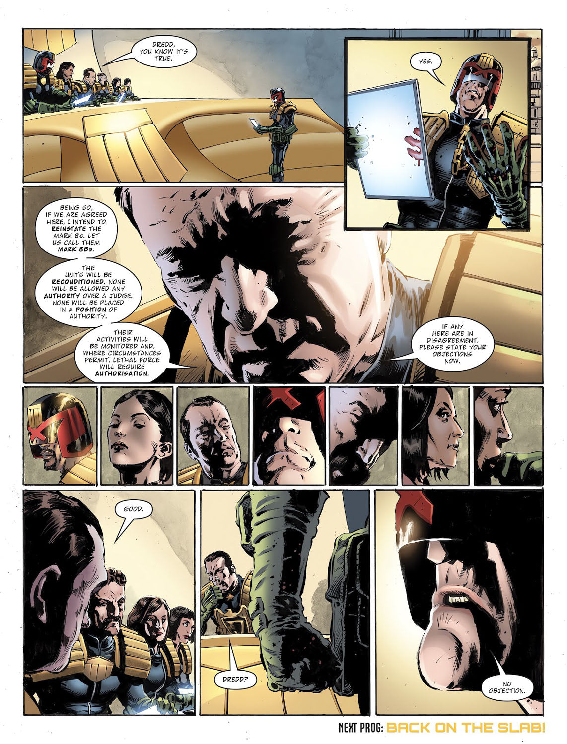 2000AD #2464 p.06 - Council of Five Reinstates the Mechs!