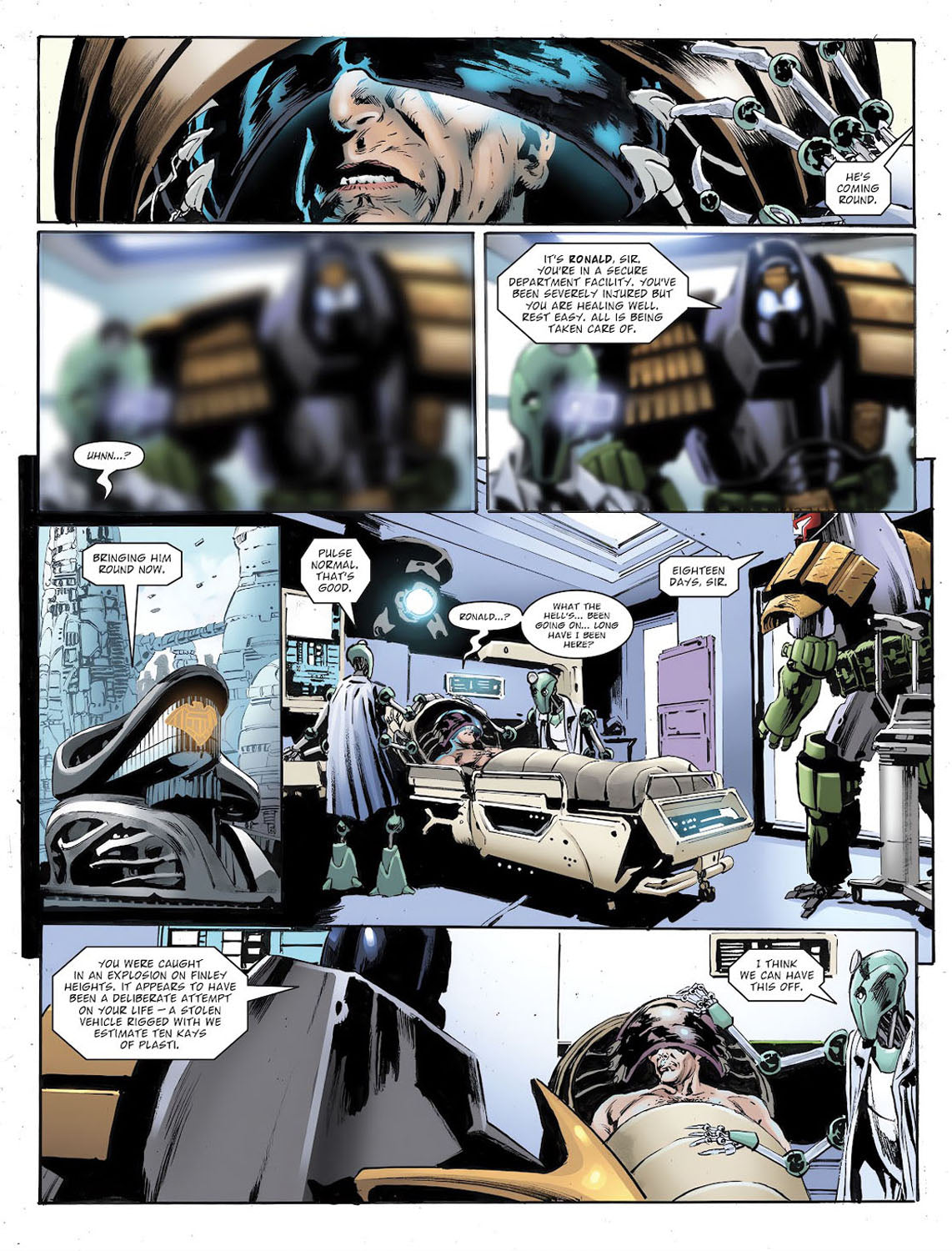 2000AD #2466 p.04 - Dredd lives, after 18 day coma!