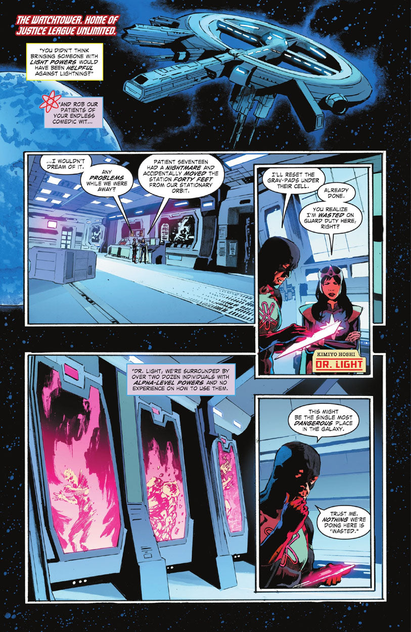Justice League: The Atom Project #1 p.10 - Dr Light & Atom in the Watchtower!